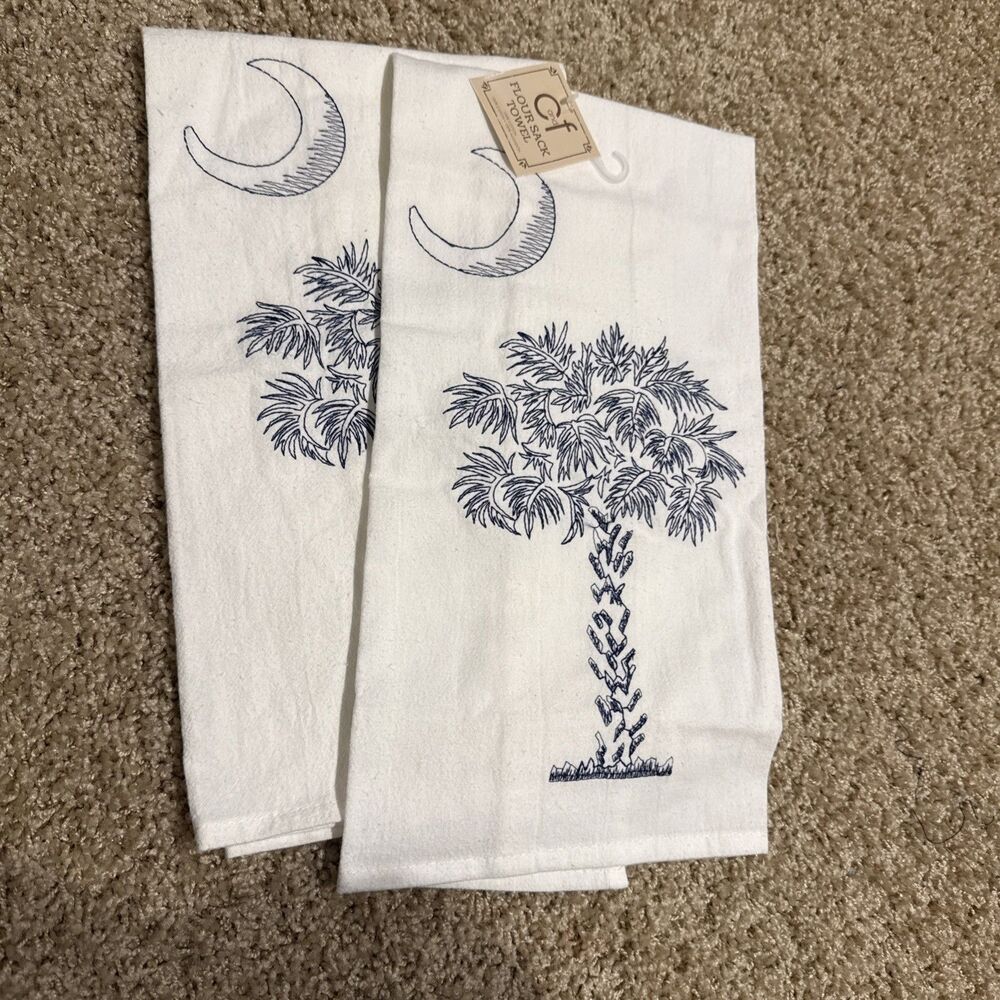 C&F HOME Coastal Palmetto Palm Tree Kitchen Towels Set Of 2 Blue And White